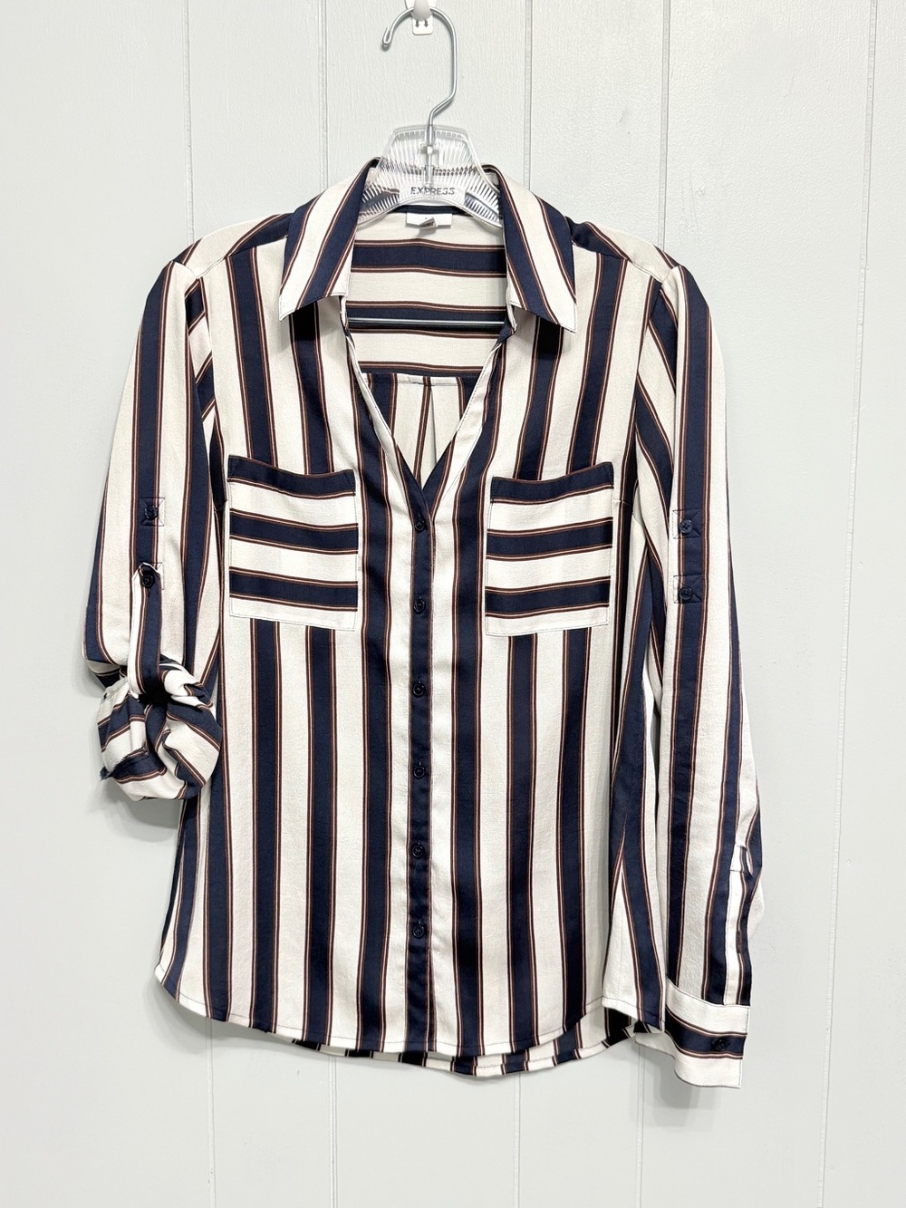 #19)  Express Vertical Stripe Button-Down Shirt in Navy, White & Brown, Brown